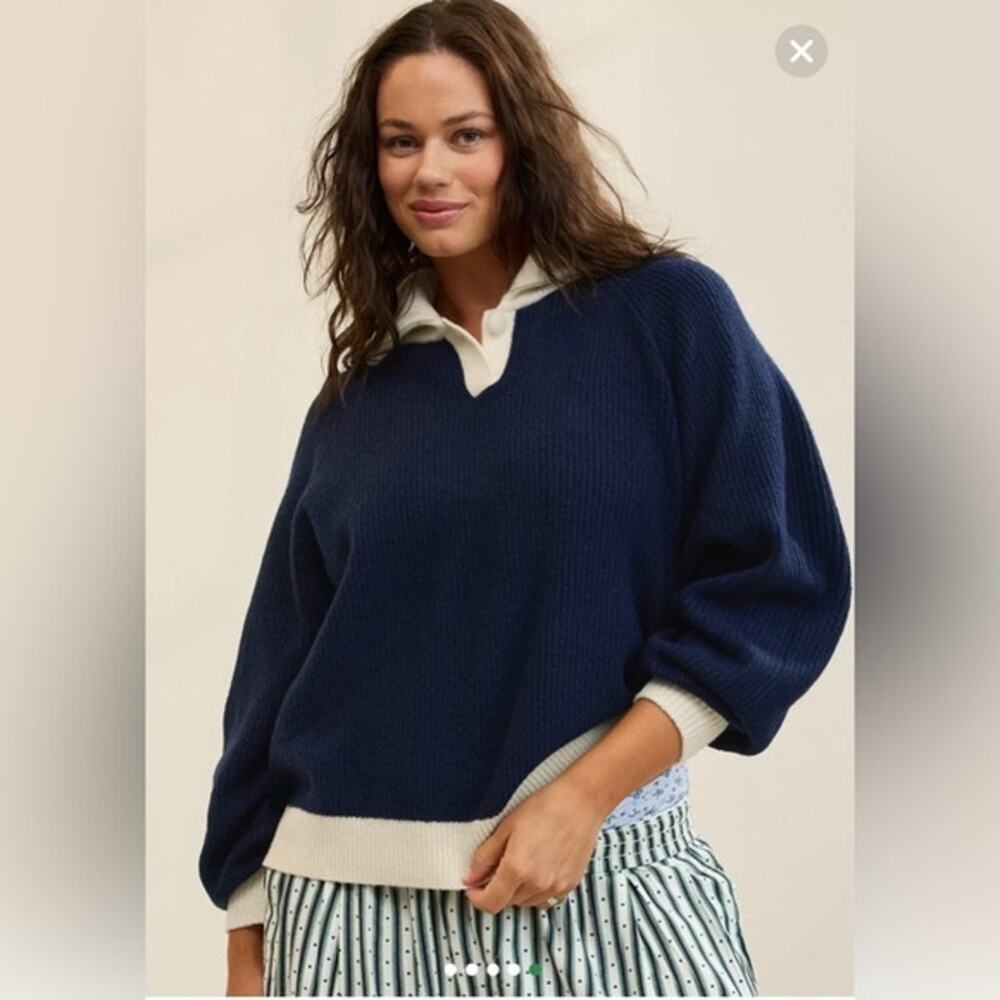 Aerie Classic Quarter Sweater in Navy Cream Size Small